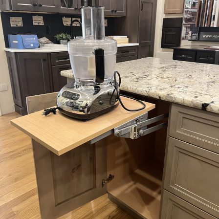 A mixer lift with shelf is a great way to save precious countertop space.